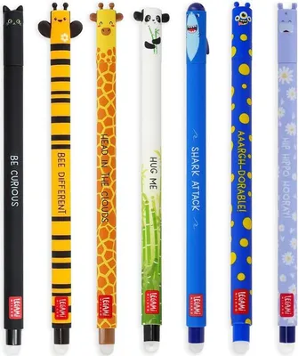 Produktbild von Legami Set mit 7 radierbaren Gelstiften mit thermoempfindlicher Radiertinte, verschiedene Tintenfarben und Schaftdesigns, 0,7 mm Spitze, Designs: Katze, Biene, Corgi, Giraffe, Panda, Hai, Nilpferd