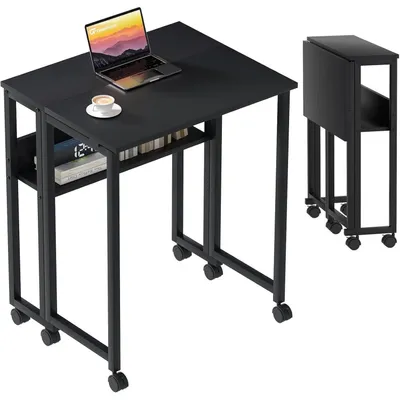 Productafbeelding van Klaptafel met wielen, 80x50 cm, zwart. Opvouwbaar, met opbergruimte