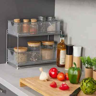 Produktbild von Relaxdays Küchen Organizer, 2 Ausziehkörbe, Etagenregal aus Metall, H x B x T: 32 x 19 x 35,5 cm, Bad Organizer, silber