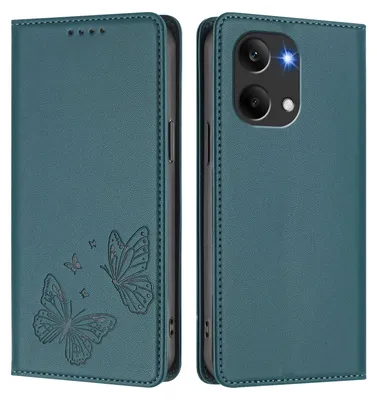 Obrázek produktu pro Kožené pouzdro pro Xiaomi Poco X8 Pro Max/Redmi Turbo 5 Max, motýlí ražbou, peněženkové flip pouzdro se stojánkem Zelená