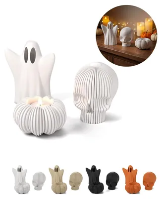 Image de Décoration Halloween lot de 3, fantôme, crâne, citrouille photophore LED – Blanc