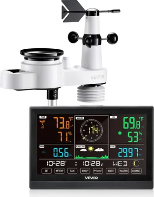 A VEVOR weather station with an outdoor sensor and a digital display.