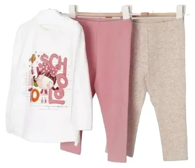 Image de Kinderset - T-shirt imprimé, rose et beige, accompagné de leggings roses et beiges