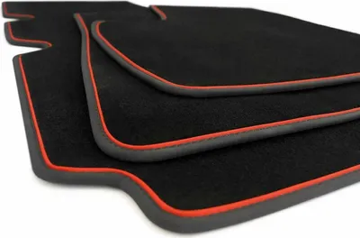 Produktbild von Fußmatten Tesla Model S Premium Autoteppich Velours Matten Set 3-teilig, Zierstreifen in Rot