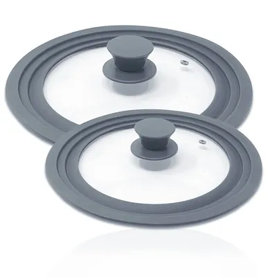 Produktbild von 2er Set Silikon Topf- und Pfannendeckel Grau Universalgröße 20cm 22cm 24cm und 26cm 28cm 30cm Glasdeckel Kochdeckel mit Silikongriff