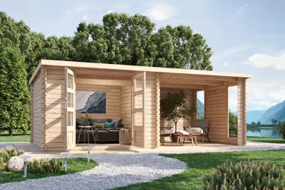Produktbild von Karibu Gartenhaus Gerätehaus Blockhaus Enfield naturbelassen 574x297x205 cm mit Anbaudach mit Seitenwand und Rückwand inkl. Fenster