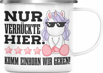 Produktbild von Trendation - Lustige Nur Verrückte Hier Emaille Tasse Mit Spruch Einhorn Emaille Emaille Tasse Geschenk Mama Freundin Kollegin Geschenkidee Arbeit Frauen (Silber)