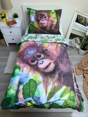 Produktbild von Kinder Bettwäsche Wendemotiv Orang-Utan Affe Baum Wald Natur Dschungel Bettdecke 140 x 200 + Kopfkissen 70 x 90 cm 100% Baumwolle mit Reißverschluss