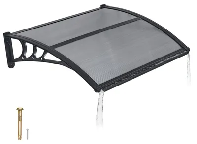 Zdjęcie produktu dla Daszek nad drzwiami wejściowymi – daszek łukowy 100 x 75,5 cm – poliwęglan – z odpływem wody – uchwyty ABS – ochrona przed promieniowaniem UV – ochrona przed deszczem, śniegiem i słońcem – kolor dymnoszary