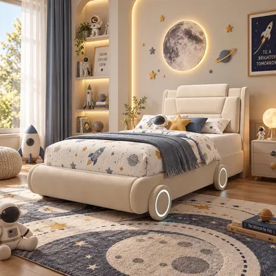 Productafbeelding van MODFU Kinderbed 90x200, gestoffeerd bed met verstelbaar hoofdeinde en fluwelen bekleding, tienerbed in autovorm met LED-verlichting, zonder matras, beige
