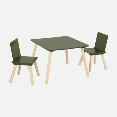 Produktbild von sweeek - Quadratischer Kindertisch mit 2 Stühlen, Beine aus Kiefer - Olivgrün