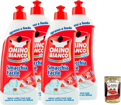Produktbild von Omino Bianco - Vorbehandlung zur Fleckenentfernung, Fleckenentferner, sanft zu Textilien, für dunkle und bunte Kleidungsstücke, 500 ml, 4 Stück + Italian Gourmet polpa 400g