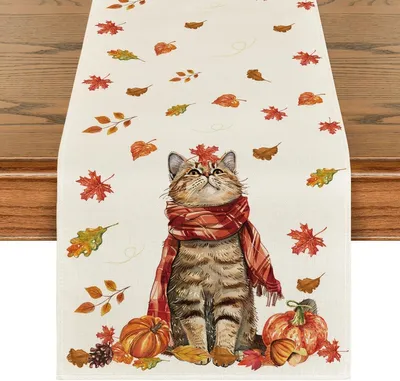 Produktbild von Katzen, Kürbisse und Ahornblätter Tischläufer für den Herbst 40x140 cm | Saisonale Tischdekoration für Wohnzimmer und Feste
