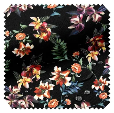 Productafbeelding van novely® OXFORD 210D - D206: Kleurrijke bloemenmix op zwarte achtergrond - Bedrukte bekledingsstof - Buitendecoratiestof - Waterafstotende, scheurbestendige stof, verkocht per meter (1 lineair meter)