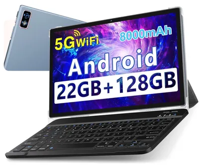 Produktbild von Android 14 Tablet 10 Zoll mit Octa-Core 2GHz 22GB RAM+128GB ROM 2TB TF 8000mAh + 5G WiFi Bluetooth 5 1280 800 FHD IPS 5+8MP GMS Tablet mit Tastatur Grau