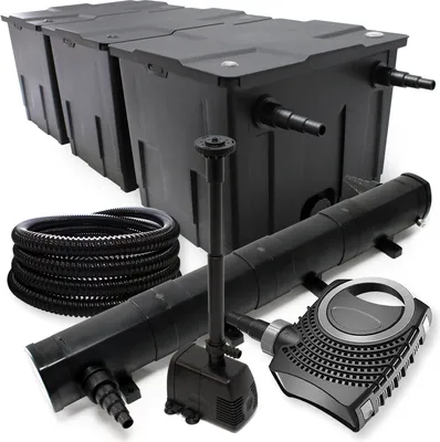 Zdjęcie produktu dla Kompletny zestaw Wiltec: filtr do oczka wodnego CBF-350C do 90000 l, pompa do oczka wodnego NEO10000 10000l/h 80W, odstojnik do oczka wodnego CUV-272 72W, wąż do oczka wodnego 25 m 25 mm, fontanna HJ-943 800l/h 16W