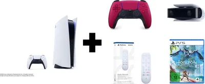 Produktbild von Playstation 5 inkl. Laufwerk – Softbundle mit PS5 Horizon: Forbidden West, Controller Cosmic Red, PS5 HD Kamera und PS5 Medienfernbedienung