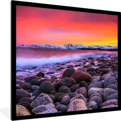 Produktbild von MuchoWow® Gerahmtes Poster Sonne - Steine - Schnee - Landschaft - Wasser 40x40 cm - Poster mit Schwarzem Bilderrahmen Wandposter Rahmen Foto Bilder - Mit Rahmen - Wanddekoration Schlafzimmer