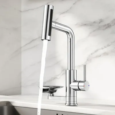 Image de Robinet de cuisine extractible, pivotant à 360°, avec douchette, finition chrome