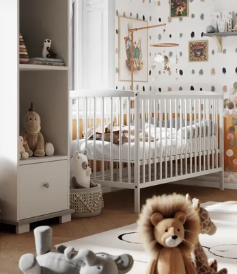 Produktbild von Babybett mit Matratze 120x60cm, Gitterbett, 3 ausziehbare Sprossen,3-stufige Verstellung,  Kiefernholz,  Babybett für Mädchen und Junge, Weiß