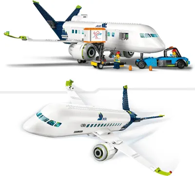 Produktbild von LEGO 60367 City Passagierflugzeug Spielzeug-Set, großes Flugzeug-Modell mit Fahrzeugen des Flughafen-Bodenpersonals: Vorfeldbus, Pushback-Schlepper, Catering-Lader, Gepäckwagen und 9 Minifiguren