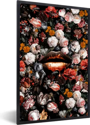 Produktbild von MuchoWow® Gerahmtes Poster Lippen - Blumen - Farbe - Orange - Kunst - Abstrakt - Alte Meister 60x90 cm - Poster mit Schwarzem Bilderrahmen Wandposter Rahmen Foto Bilder - Kunst