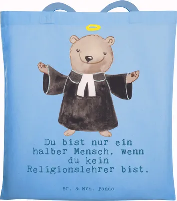 Produktbild von Mr. & Mrs. Panda Jutebeutel Religionslehrer Herz - Sky Blue - Geschenk, Witzig, Laptoptasche, dokumententasche, Lustig, Shopping Tasche, Grundschule, Spruch, Beutel