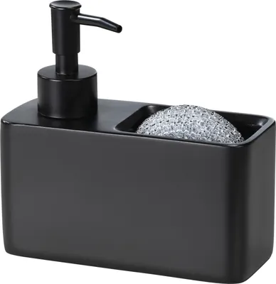 A black soap dispenser with a sponge holder.