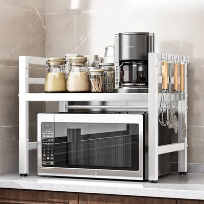 Produktbild von Küchenregale, Ausziehbarer Mikrowellenständer mit 6 Haken, 40-64cm ausziehbarer Mikrowellen Regal, Gewürzregal, Mikrowellenhalterung, bis 30kg,Weiß