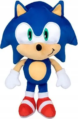 A plush toy of Sonic the Hedgehog standing against a white background.