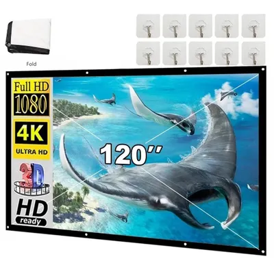 Zdjęcie produktu dla Ekran projekcyjny o przekątnej 120 cali, rolowany, z statywem, do kina domowego 4K-HD, format 16:9, idealny do prezentacji, szeroki kąt widzenia 160°
