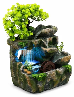 Produktbild von Dekorativer Zimmerbrunnen mit LED Licht, Mini Wasserfall Brunnen aus Kunstharz, Tischdeko für Wohnzimmer, Schlafzimmer und Arbeitsplatz
