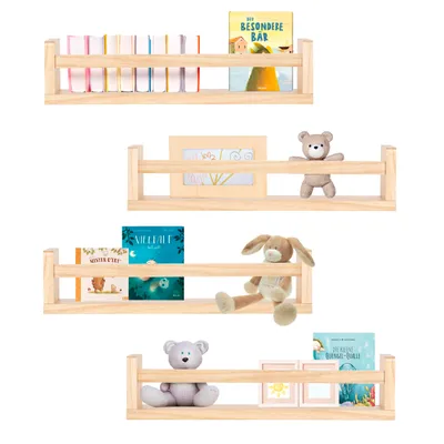 Four wooden shelves mounted on a white background, each displaying books and decorative items.