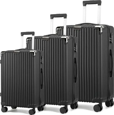 Produktbild von Fortuna Lai Hartschalen-Koffer Trolley Rollkoffer Reisekoffer Handgepäck 4 Rollen (20-24-28 Zoll-Set) (Schwarz, Set)