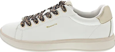 A side view of a white sneaker with leopard print laces.