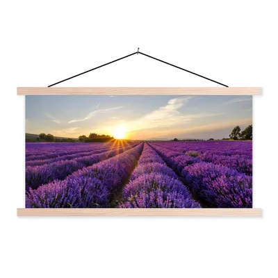 Produktbild von MuchoWow® Textilposter Lavendel - Blumen - Sonnenuntergang - Lila 60x30 cm mit holzfarbenen Rahmen - Dekoration