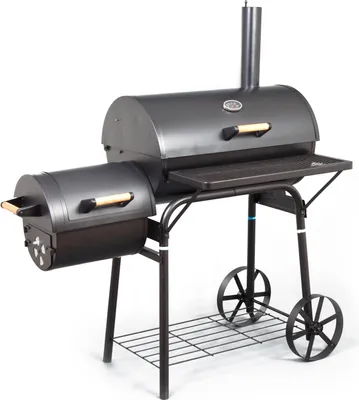 A black charcoal grill with a side smoker attachment, shown on a white background.
