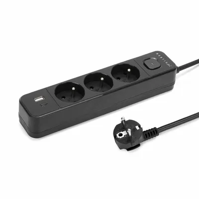 Obrázok produktu pre Predlžovací kábel s 3 zásuvkami, 2x USB A+C, 1,5 m, čierny, vypínač, 3680 W, IP20