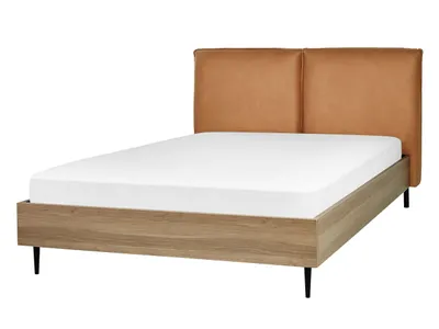 Zdjęcie produktu dla BELIANI Łóżko ze stelażem brązowe  140 x 200 cm tapicerowane wezgłowie czarne metalowe nóżki styl nowoczesny