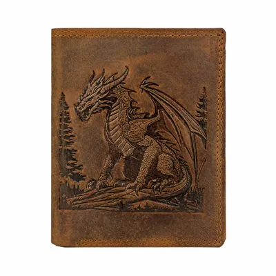 Produktbild von RFID Büffel Echt Leder Geldbörse Portemonnaie mit geprägtem Drachen Motiv Braun - Hochformat, KI-generiertes Bild