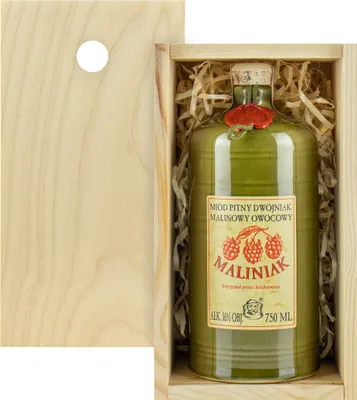 Obrázek produktu pro Met Dwojniak Maliniak-halber (keramická) malinová dárková sada ve svìtlé døevìné krabièce | 750 ml | 16% alkohol Metwein | Polská výroba