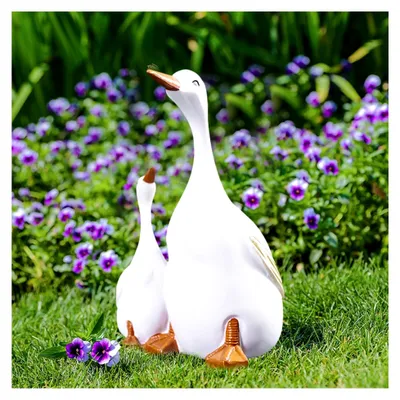 Produktbild von Weiße Gans Deko Gartenstatue mit Entenmutter und Entenküken