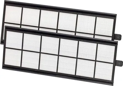 Two white air filters with black frames are stacked on top of each other, against a white background.