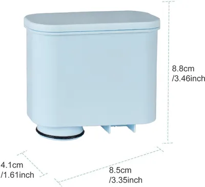 A light blue water filter cartridge with dimensions indicated by dashed lines and text.