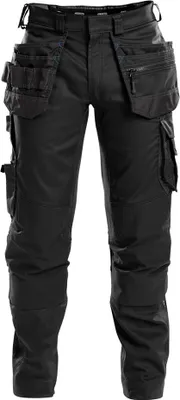 A pair of black work pants with multiple pockets.