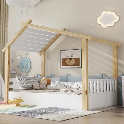 Produktbild von Kinderbett 90x200 Hausbett aus Holz Weiß Natur Einzelbett mit Lattenrost für Kinderzimmer Schlafzimmer,