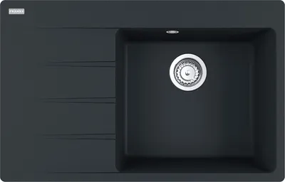 A top-down view of a black granite kitchen sink with a drainer.