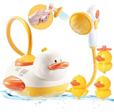 Produktbild von Elektrisches Badespielzeug Ente – 4 Wassersprühmodi, 3 Aufsätze, ABS Kunststoff, Saugnapf, für Badewanne Baby & Kinder 1–3 Jahre