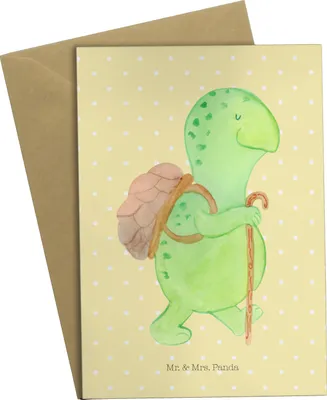 Produktbild von Mr. & Mrs. Panda Glückwunschkarte Schildkröte Wanderer - Gelb Pastell - Geschenk, Schildkröten, vatertagskarte, einladungskarten, Wanderurlaub, Rucksack, Grußkarte