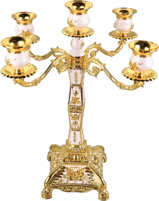 Produktbild von Metal Arms Candelabra Europäischer Stil Retro Candlestick Halter Romantische Kerzendekoration für Hochzeit Dinnerparty Gold und weiße fünf Köpfe
